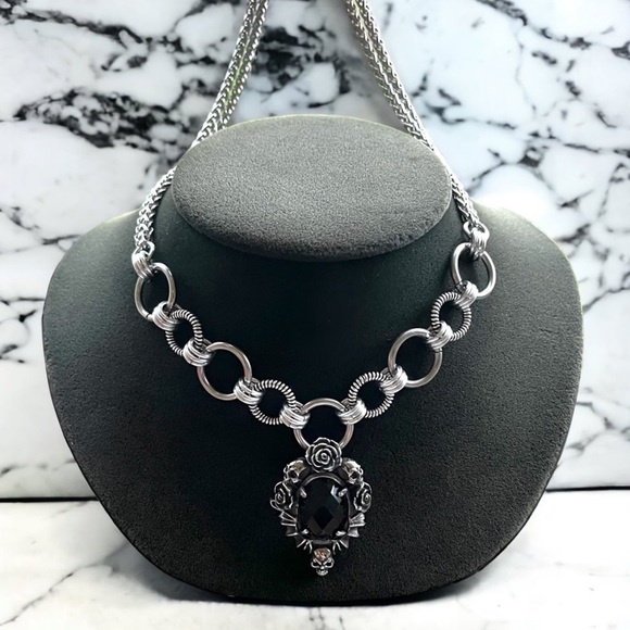 stainless steel necklace double wheat chain onyx stone rose & skull charm - Picture 9 of 13